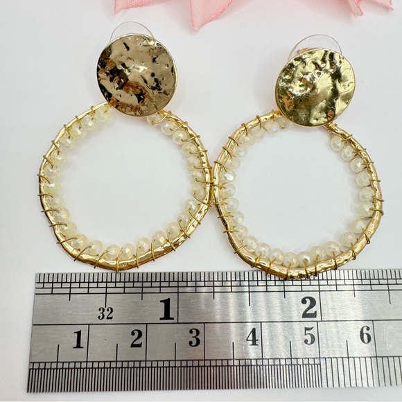 Gold Tone Beaded Circle Earrings Hammered Brutalist Primitive Boho Bohemian Glam - Picture 6 of 6